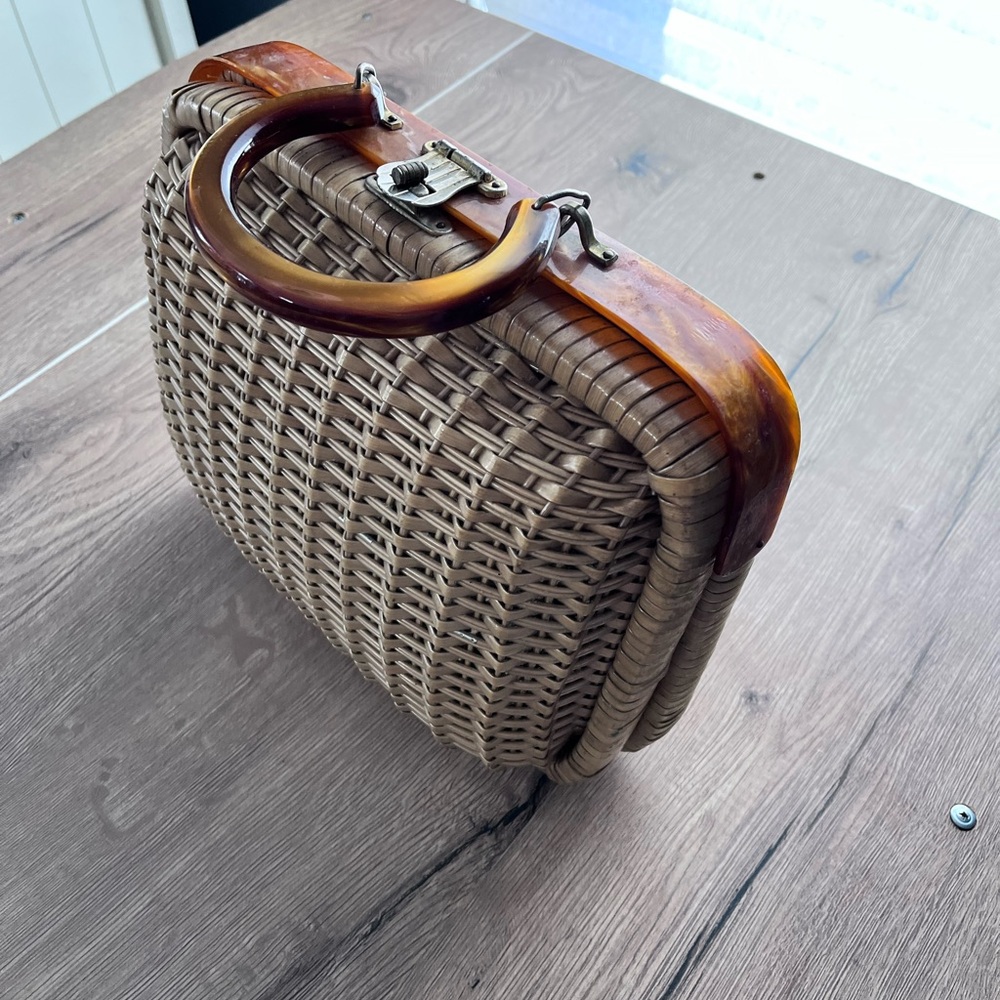 Vintage Woven Handbag with Lucite handles, Handmade in British Hong Kong